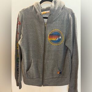 Aviator Nation Gray Zip-Up Hoodie with Rainbow Logo missing tie